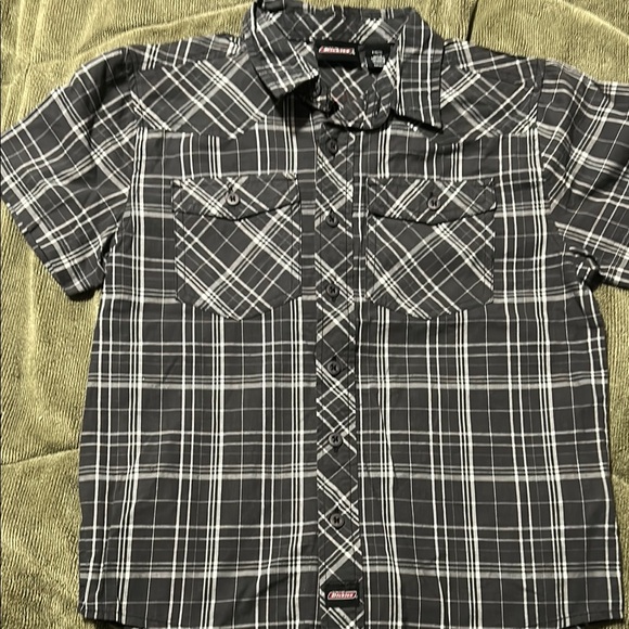 Boys Dickies White and Gray Button Down Shirt Short Sleeve - Picture 1 of 3